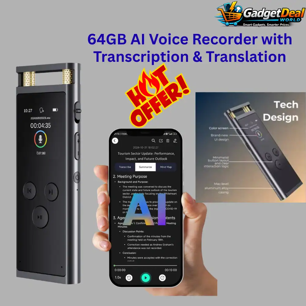 AI voice recorder with transcription, translation, summary and mind mapping, 64GB aluminum digital dictaphone