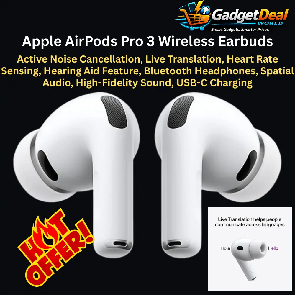 Apple AirPods Pro 3 white wireless earbuds with active noise cancellation and USB-C charging