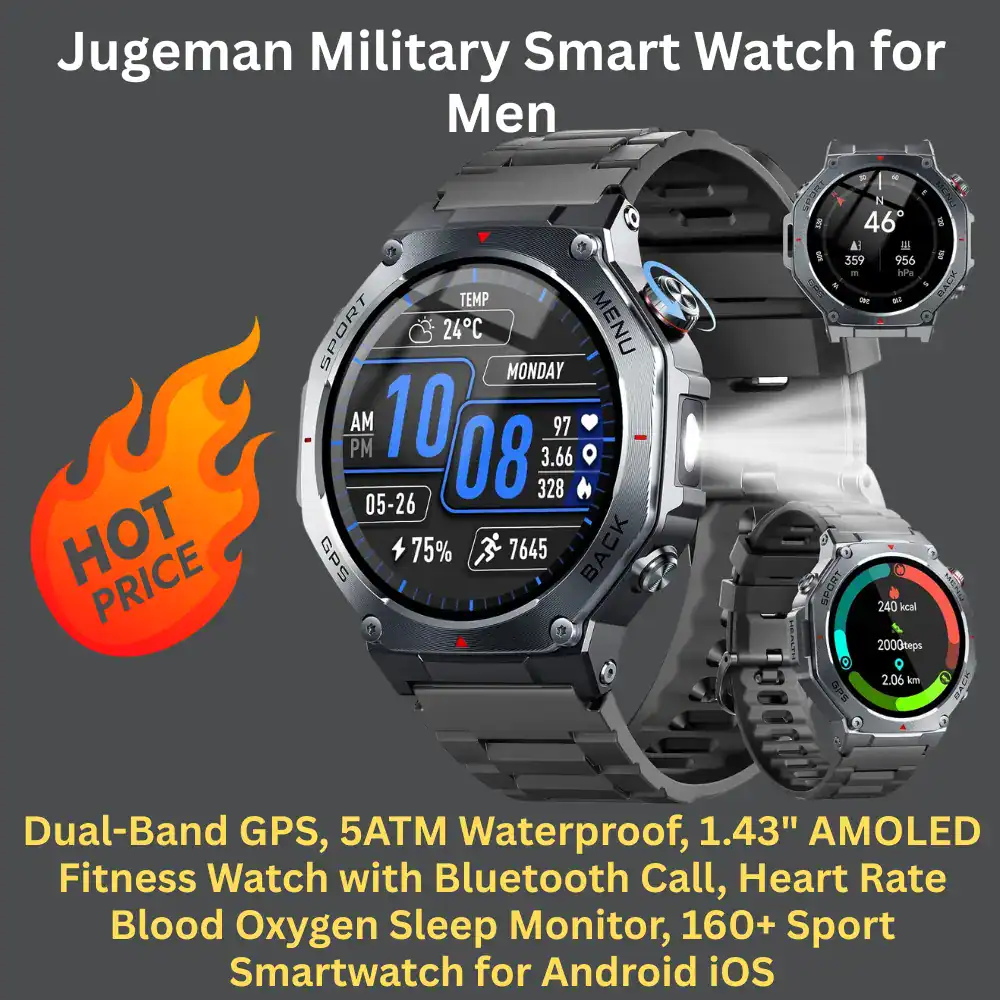 Jugeman military smartwatch for men with dual-band GPS and 1.43-inch AMOLED display