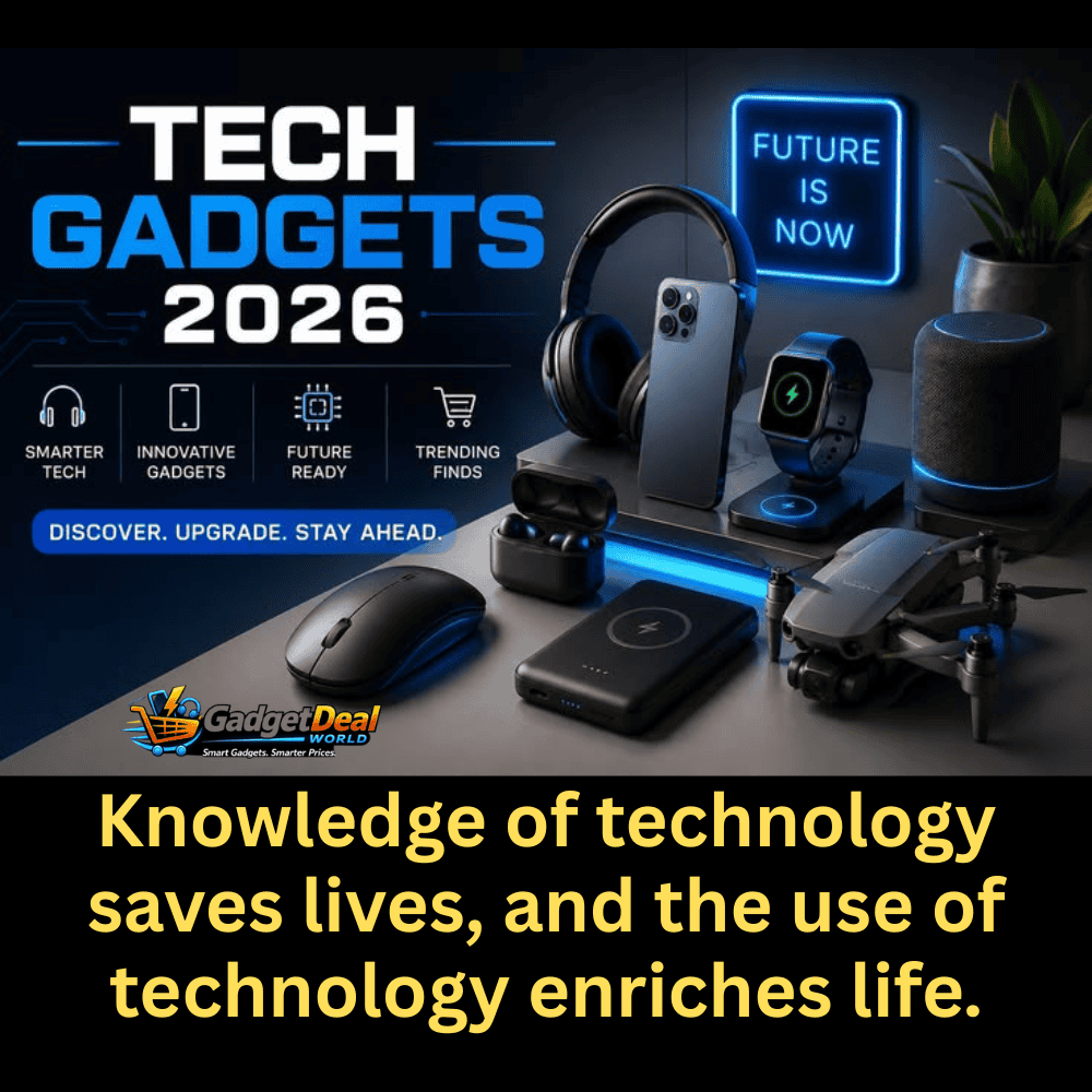 Modern technology gadgets including wireless earbuds, smartwatch, headphones and smartphone