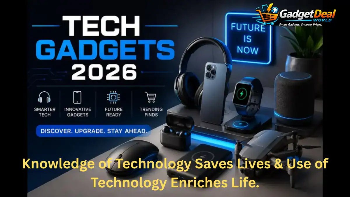 Tech Gadgets 2026 featuring smart technology, wireless headphones, smartphone, smartwatch, earbuds, smart speaker, power bank, and drone