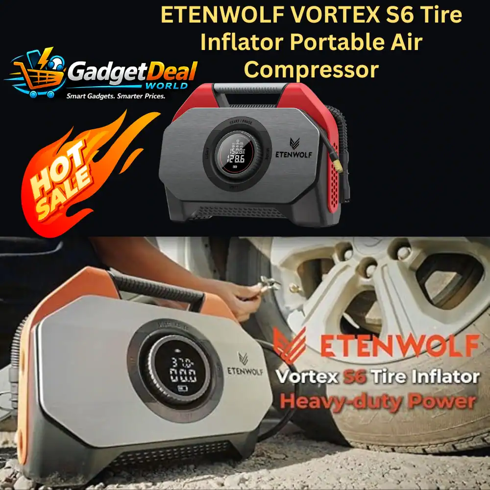 ETENWOLF Vortex S6 portable cordless tire inflator air compressor with LED light, orange