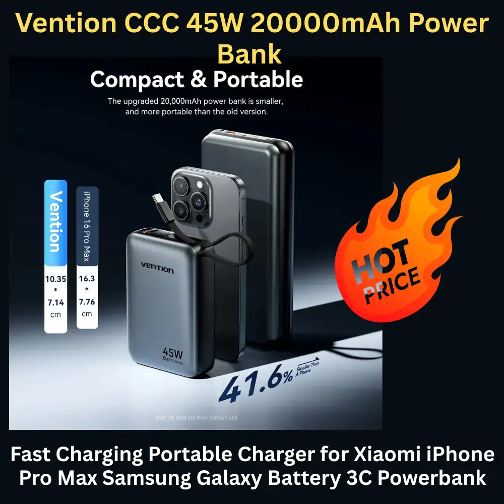 Vention 45W 20000mAh power bank with built-in USB-C cable and fast charging