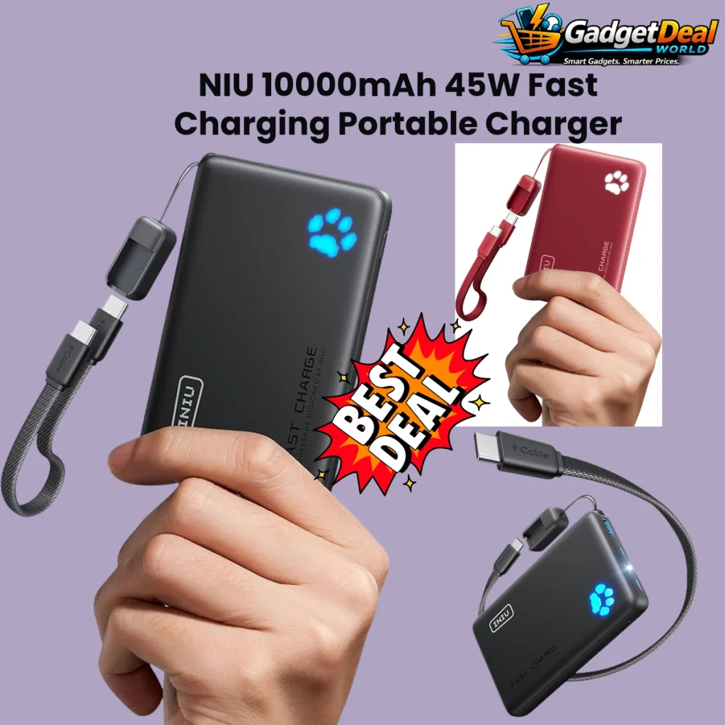 INIU 10000mAh 45W Portable Charger Smaller Travel Power Bank Flight Safe with Detachable USB C Cable