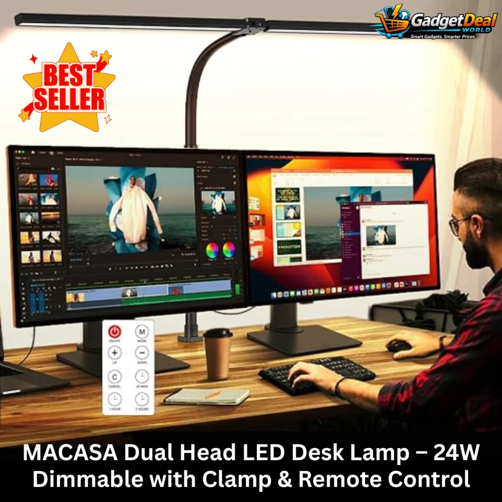 MACASA LED Desk Lamp with Clamp Dual Head Monitor Light 24W Dimmable with Remote Control